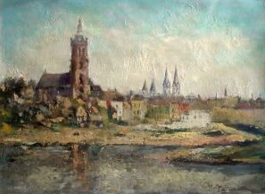 gezicht op Roermond, geboortestad van M. Engels
geschilderd door F. Windhausen, ca. 1960
