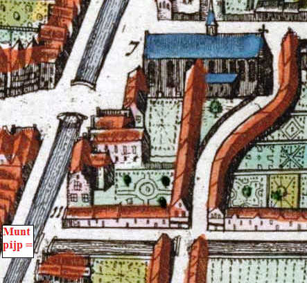 Munt (11) en Galileërkerk (7) aan de Tweebaksmarkt te Leeuwarden; uitsnede plattegrond J. Blaeu 1649
