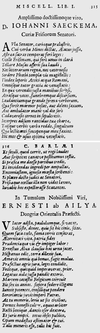 gedichten voor Saeckma en graf Ernst van Aylva in Barlaeus' Poemata