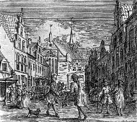 Korfmakersstraat: gezicht op de Galile�rkerk 
gravure door R. Jelgerhuis 1765