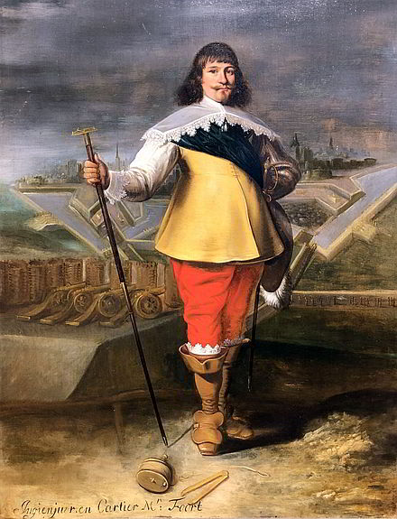 Mathijs van Voort/Foort
op een toren met kanonnen voor een vesting
landmeetinstrumenten als attributen
collectie Baerdt van Sminia, vervolgens Panhuys