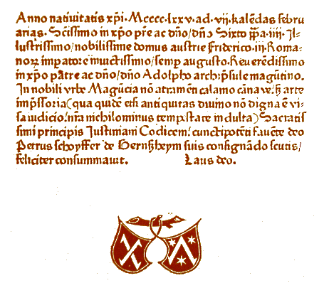 colofon Justinianus 1475: - Niet geschreven -
met inkt en pen, - maar gedrukt - dankzij de boekdrukkunst