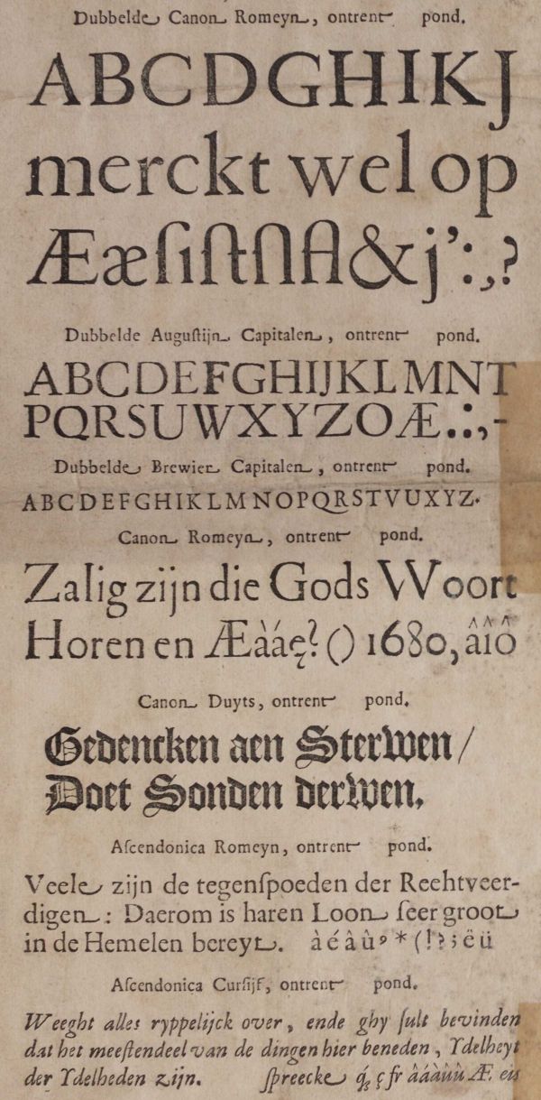 Proeven van verscheydene soorten van letteren
ter druckerye van de E. Burgemeester Gerryt Colckman
Dokkum 1680; Tresoar Pl 507